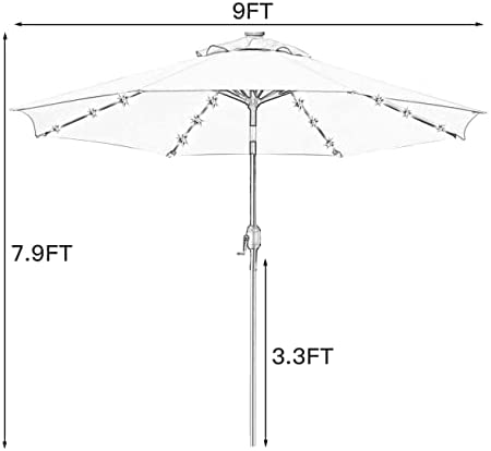 Sunnyglade 9′ Solar LED Lighted Patio Umbrella with 8 Ribs/Tilt Adjustment and Crank Lift System (Black)