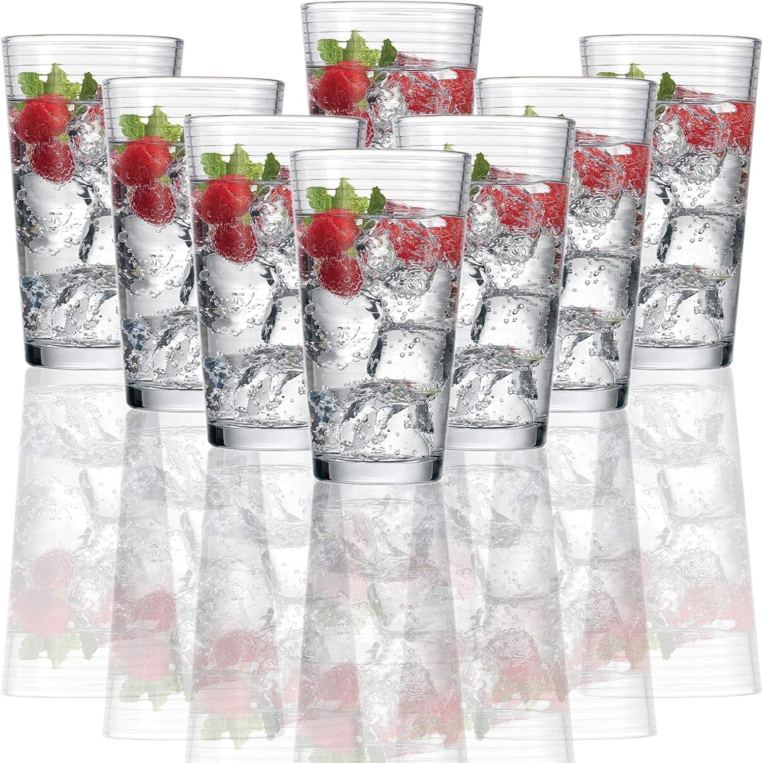 Circleware 40165 Hoop Highball Tumbler Drinking Glasses， Set of 8， Kitchen Entertainment Heavy Ice Tea Beverage Cups Glassware for Water， Beer， Juice， Bar Liquor Farmhouse Decor， 15.7 oz， Clear