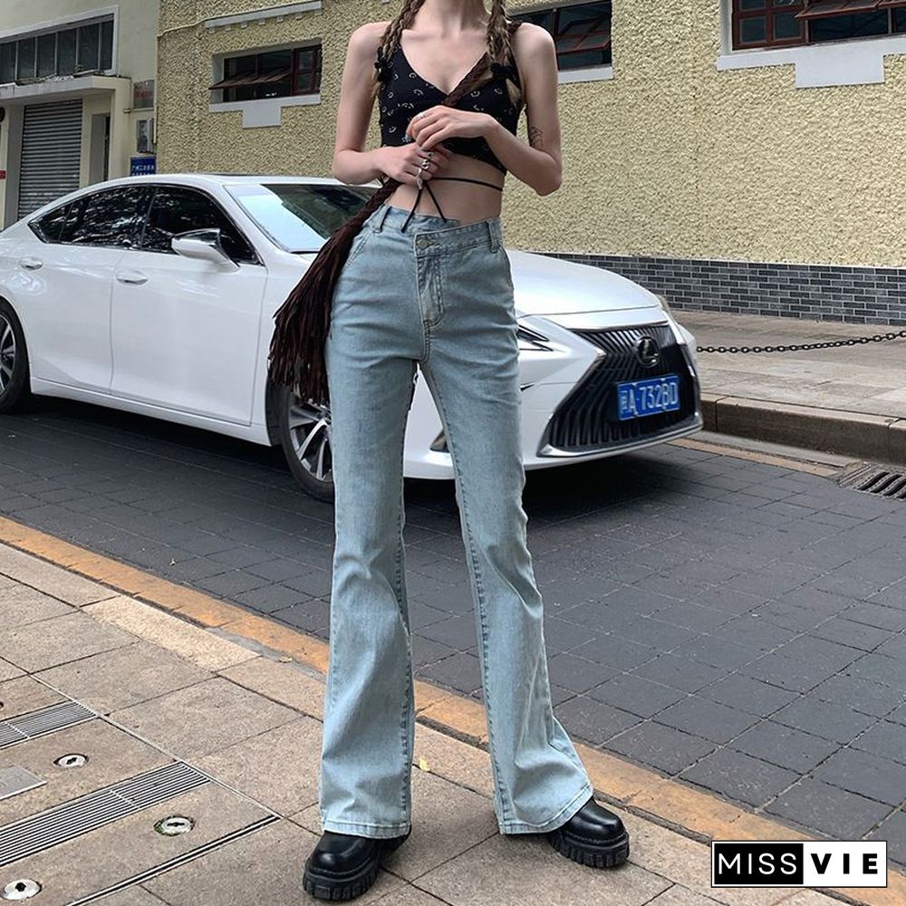 Asymmetric Waist Irregular Side Slit Bootleg Jeans