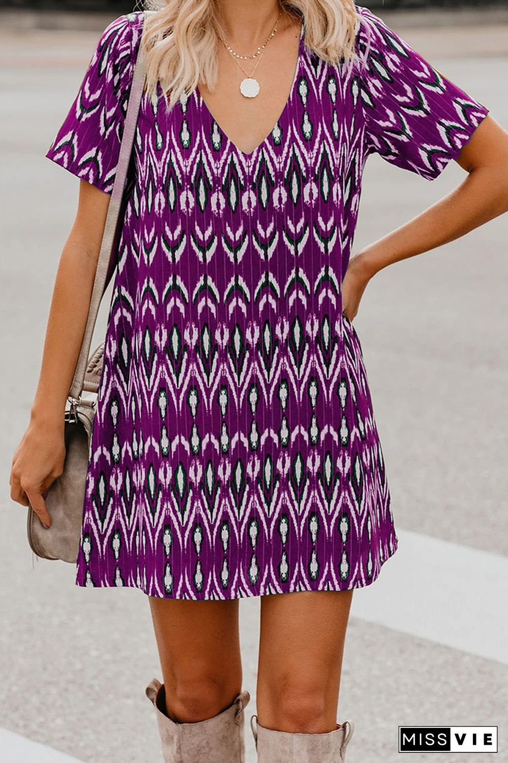 Purple Print V-neck Loose Short Sleeve Dresses