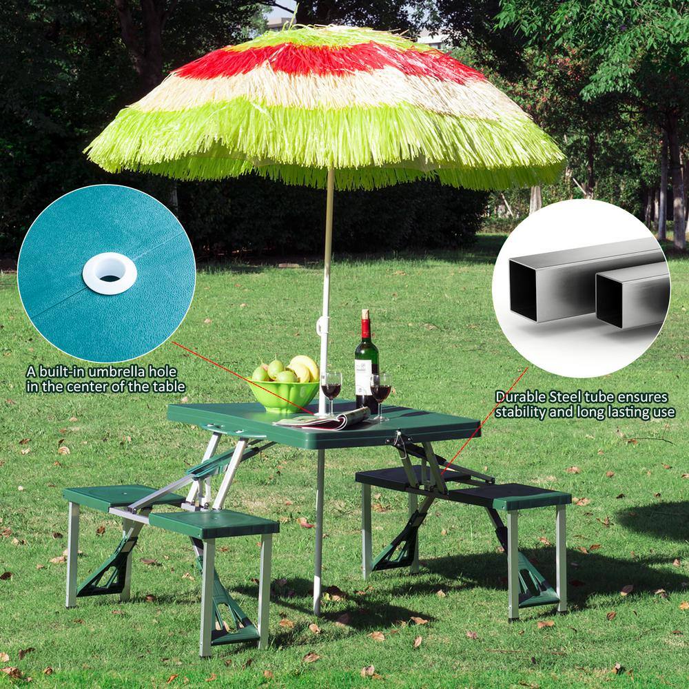 Outsunny 4-Person Green Plastic Portable Compact Folding Suitcase Picnic Table Set with Umbrella Hole and Simple Setup 01-0402