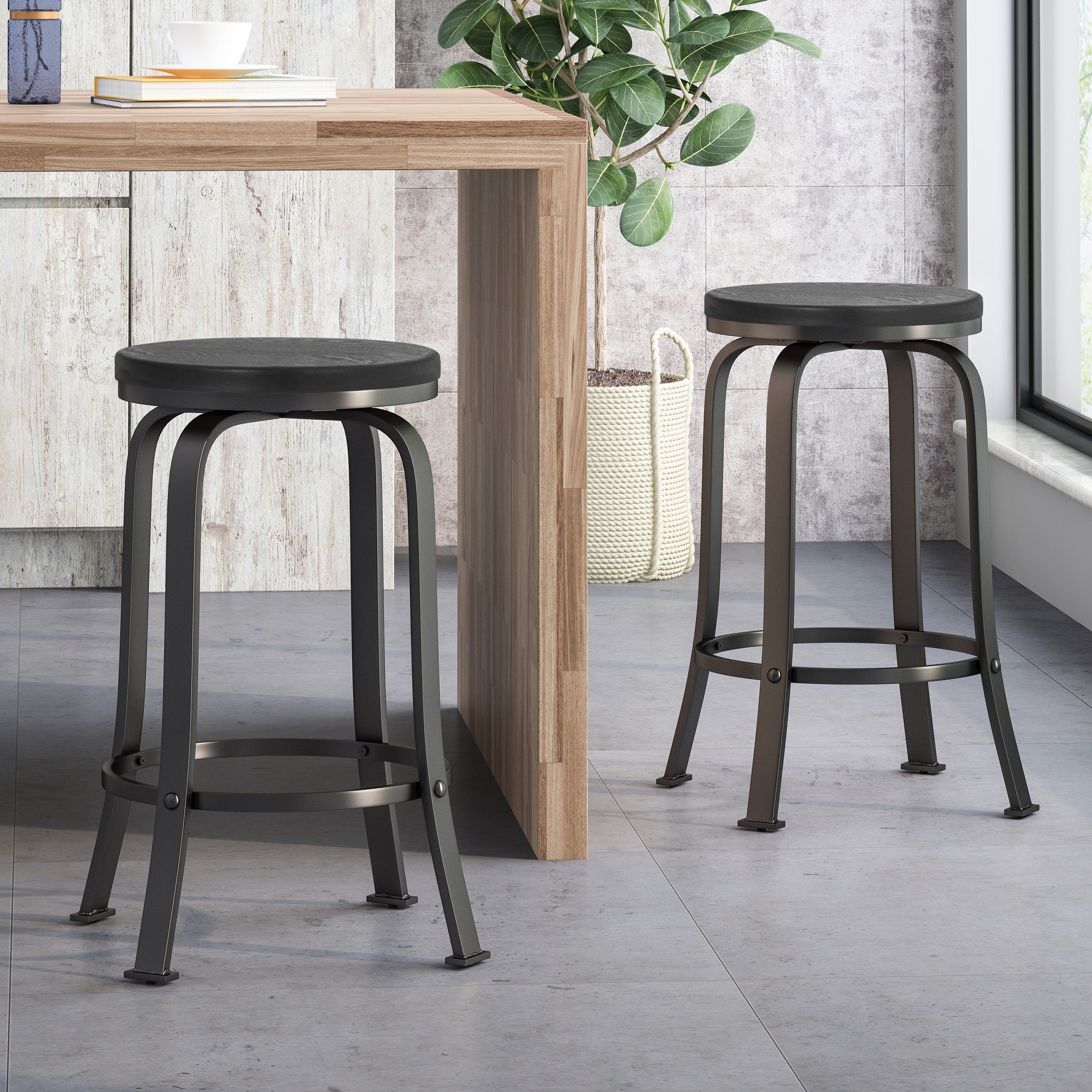 Cassum Modern Industrial Swiveling Counter Stool (Set of 2)