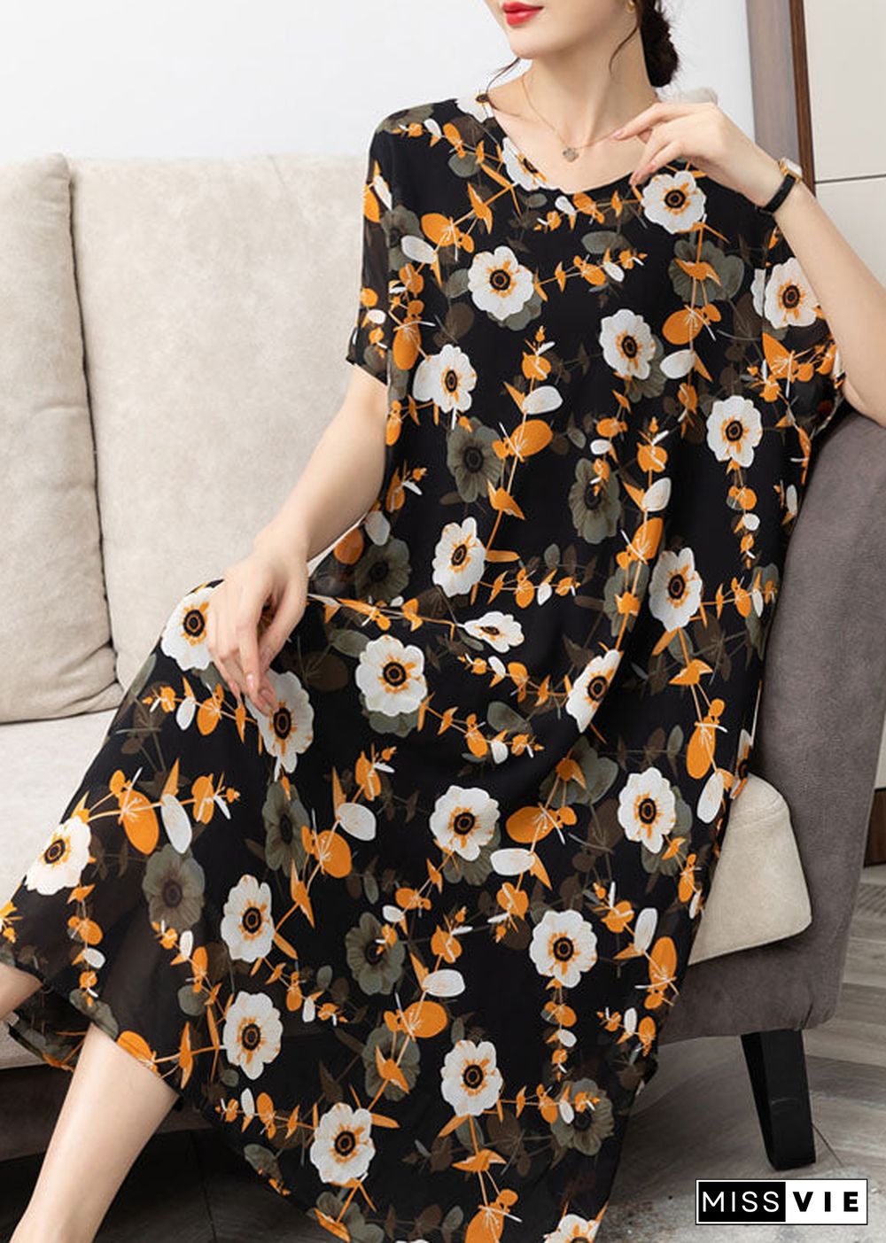 Italian Yellow V Neck Print Patchwork Chiffon Dresses Summer