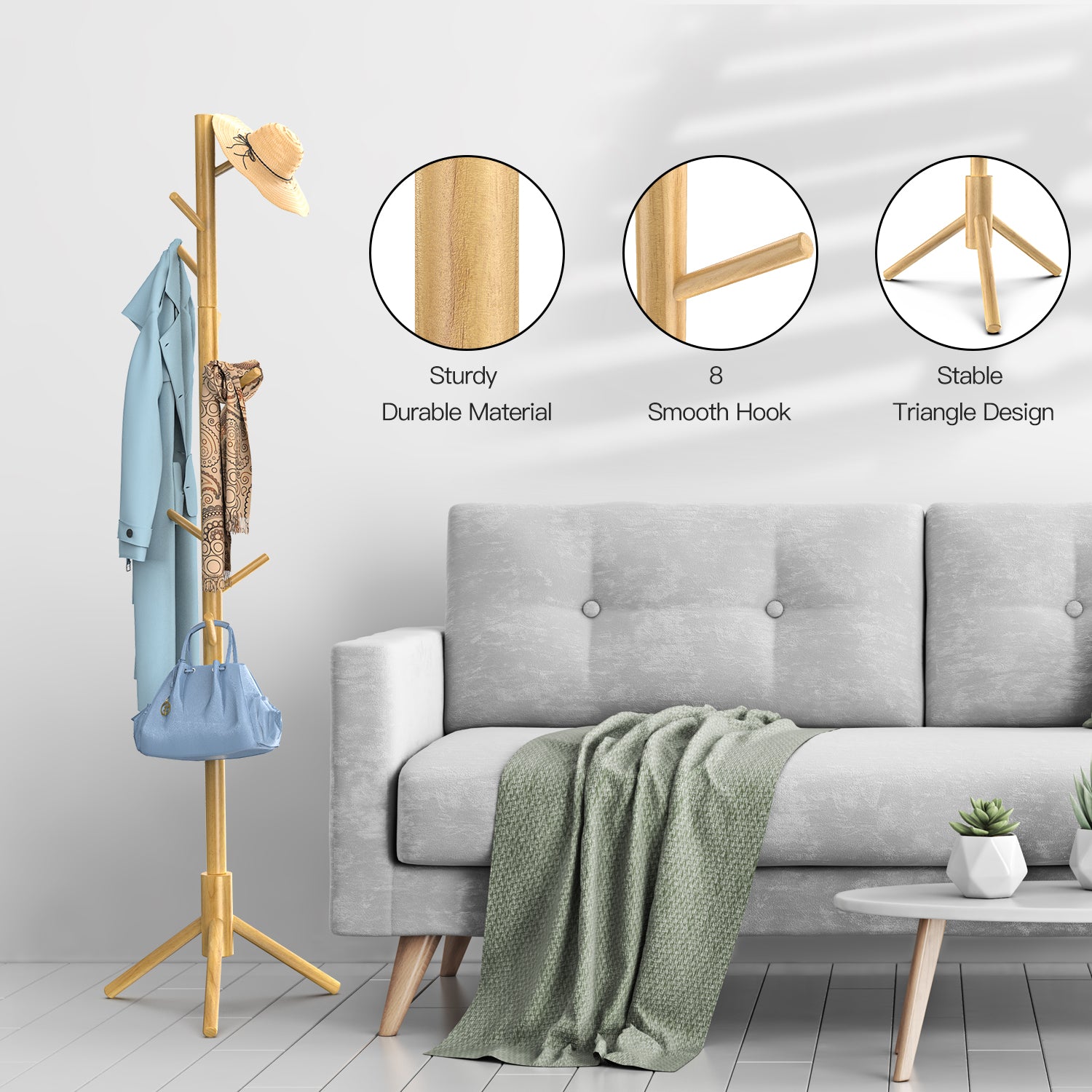 Freestanding Wooden Coat Rack Coat Stand Hall Tree with 3 Adjustable Height and 8 Hooks for Home Office Entryway Hallway