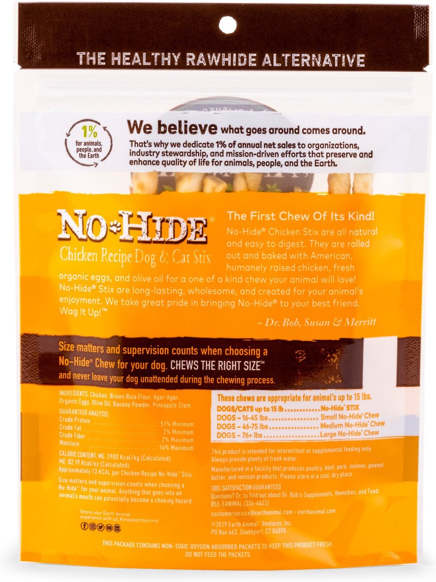 Earth Animal No-Hide Long Lasting Natural Rawhide Alternative Chicken Recipe Stix Chew Dog and Cat Treat Sticks， 10 count