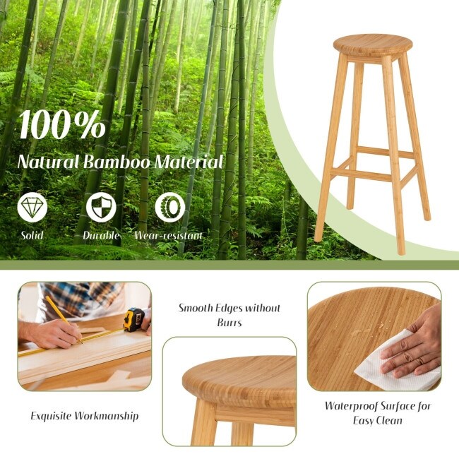 Set of 2 Bamboo Backless Pub Barstools with Round Seat and Footrest Natural   15\