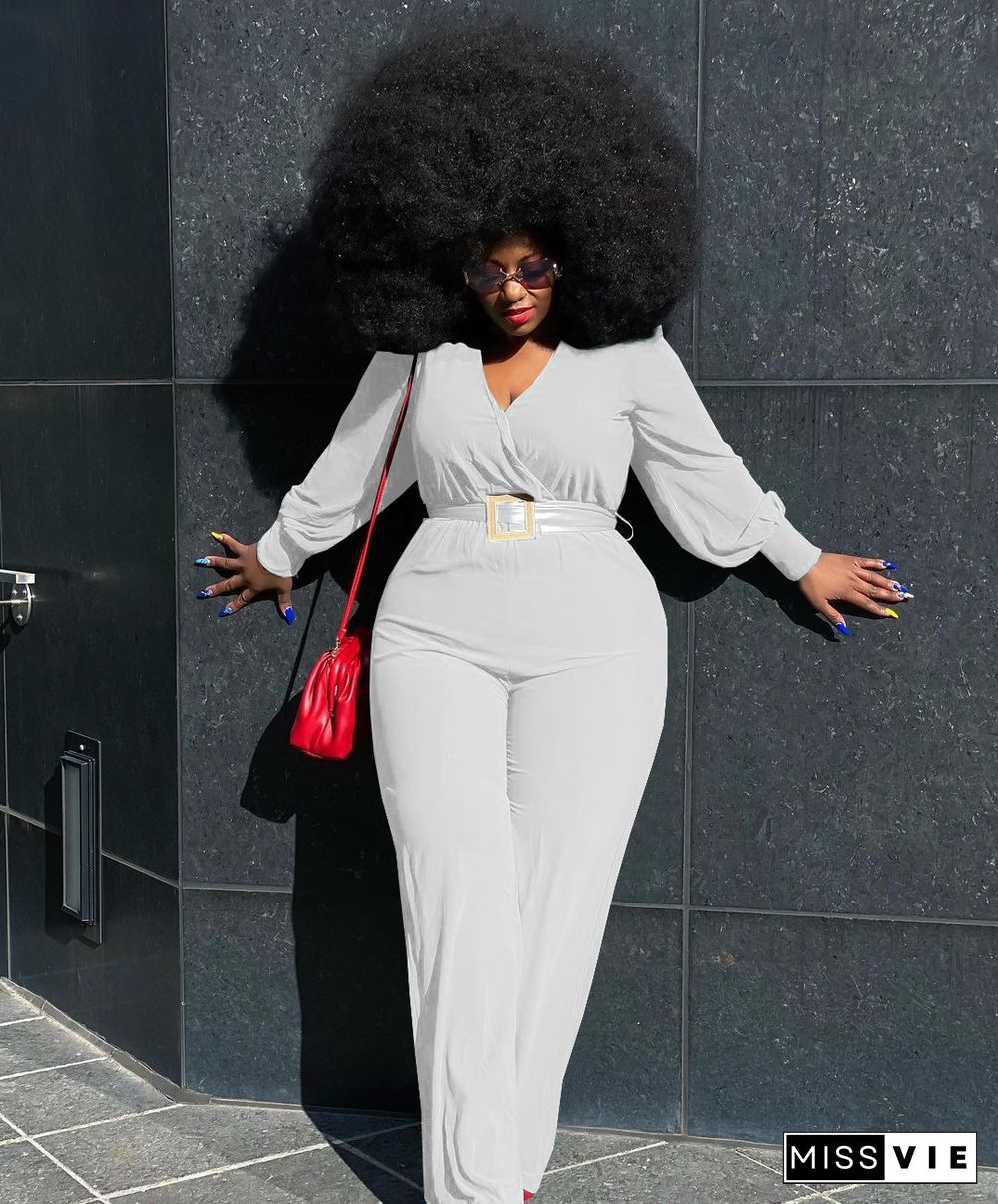 Long Sleeve V-neck Plus Size Wide Leg Jumpsuit