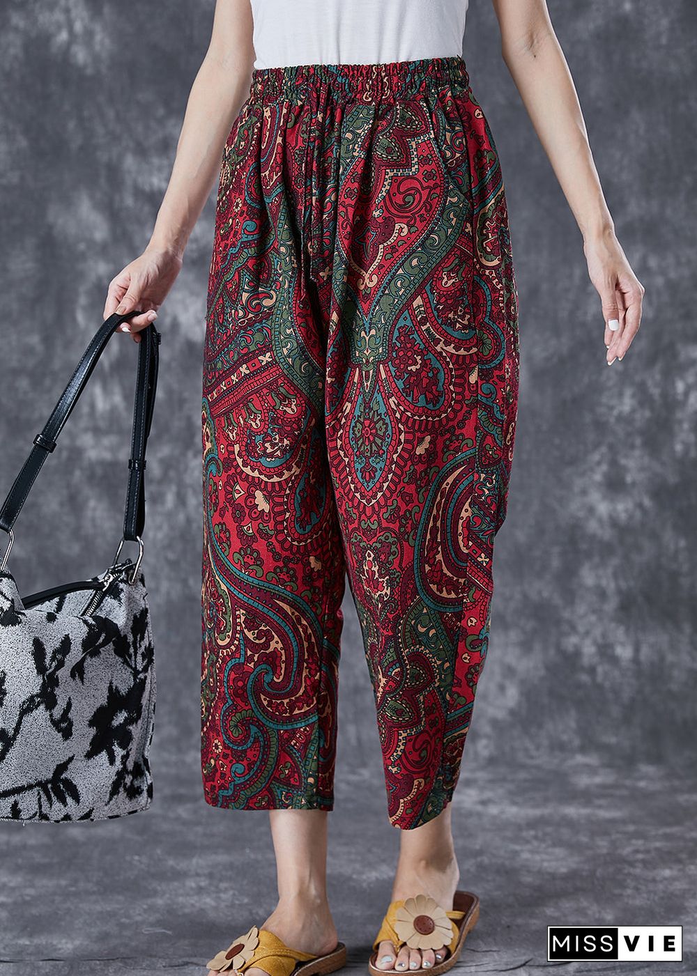 Casual Red Oversized Pockets Print Linen Pants Trousers Summer