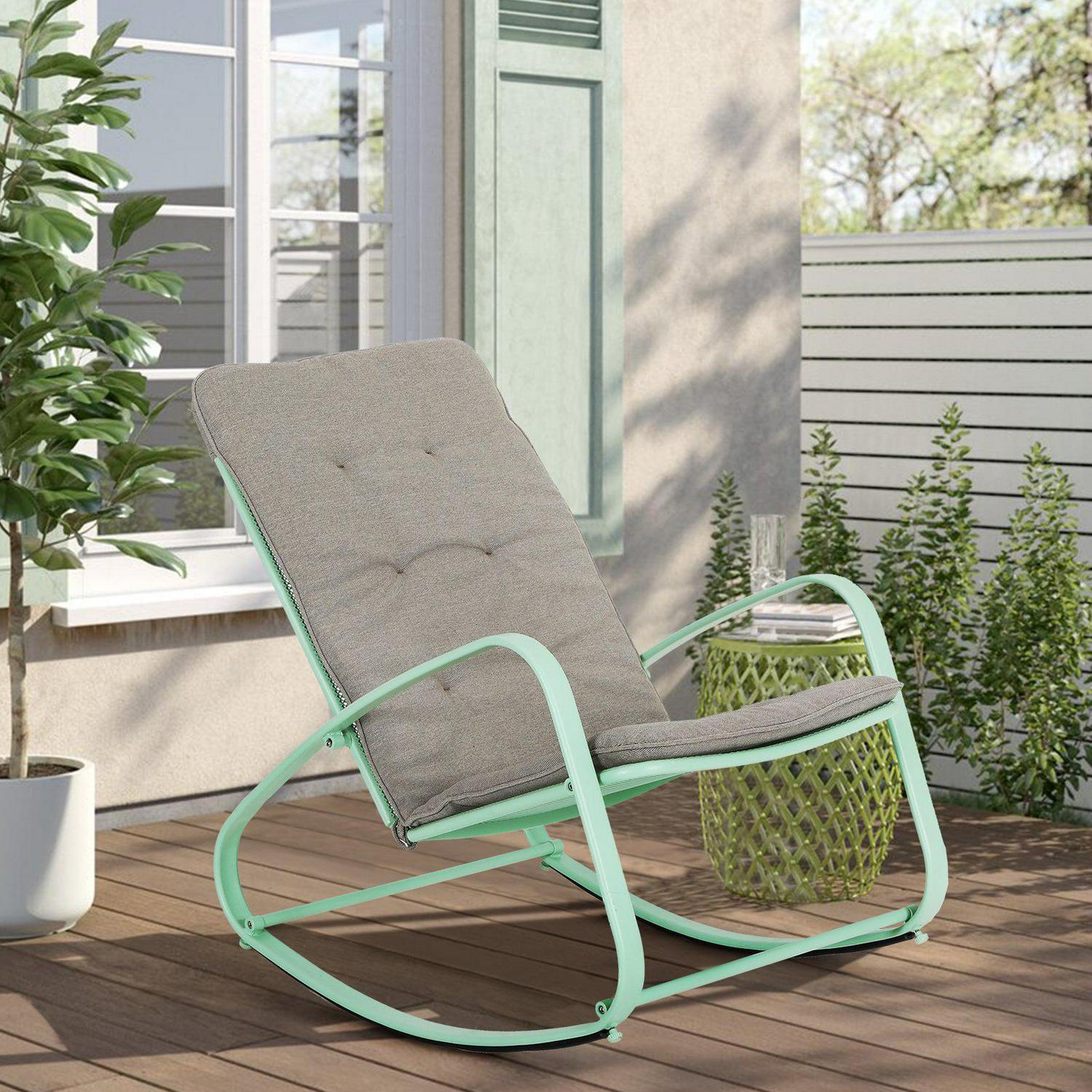 Outdoor 1 PC Rocking Chair Metal Rocking Chair with Cushion for Outdoor Indoor Balcony， Green