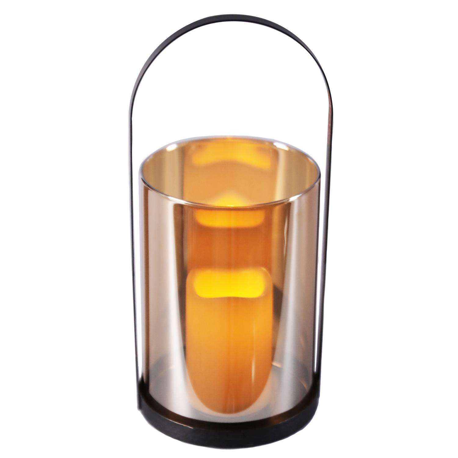 Smart Living 13.6 in. One Mantle Glass/Metal Hurricane LED Candle Lantern Black