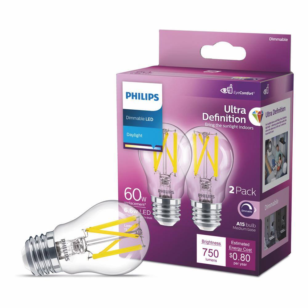 Philips 60-Watt Equivalent A15 Ultra Definition Dimmable Clear Glass E26 LED Light Bulb Daylight 5000K (2-Pack) 573402