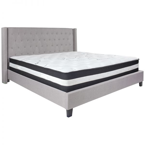 Riverdale King Size Tufted Upholstered Platform Bed in Light Gray Fabric with Pocket Spring Mattress