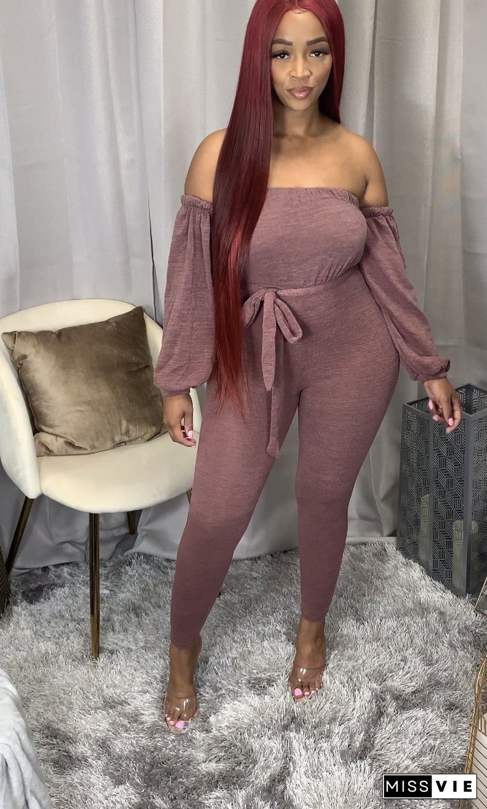 Sexy Solid Color One-word Shoulder Long Sleeve Jumpsuit