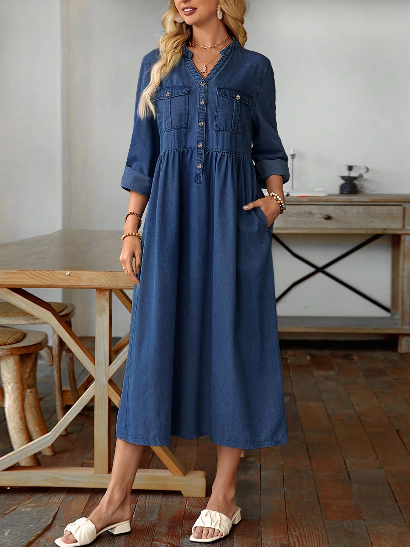 Plus Size Womens Elegant Dark Washed Blue Long Sleeve Maxi Denim Dress - Button Up Style Jeans Clothing