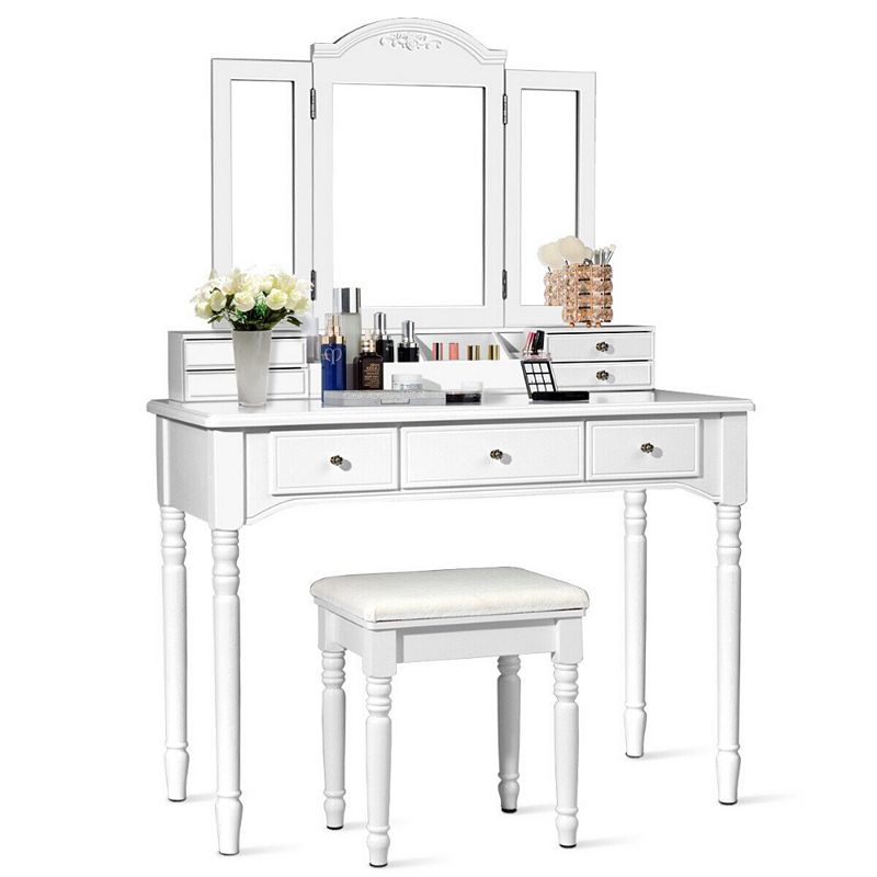 Makeup Dressing Table with Tri-Folding Mirror and Cushioned Stool for Women