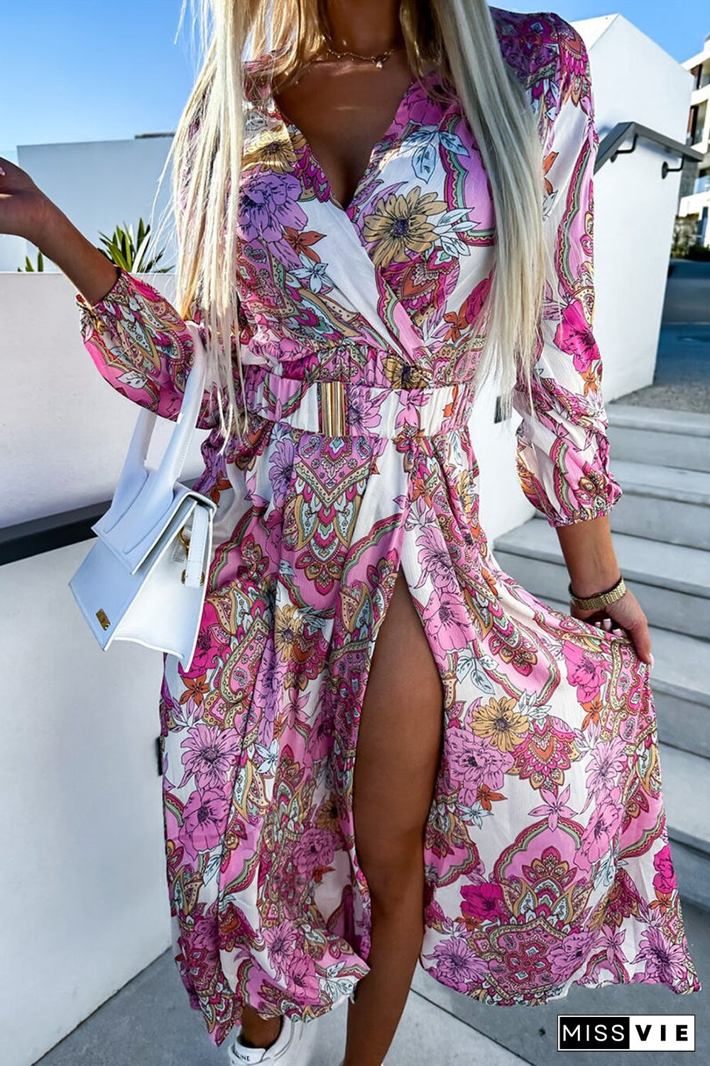 Sexy Vacation Geometric Patchwork With Belt V Neck Printed Dress Dresses