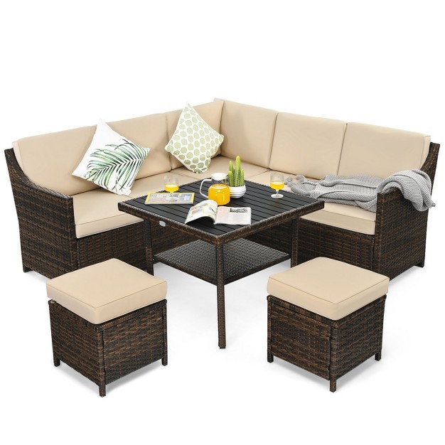 Tangkula 6pcs Patio Rattan Furniture Set All weather Sectional Cushioned Sofa Ottoman Dining Table Lower Shelf