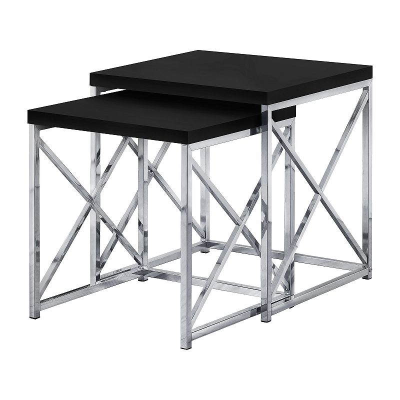 Monarch Specialties 2 Piece Square Nesting Accent Table Set， Black and Chrome