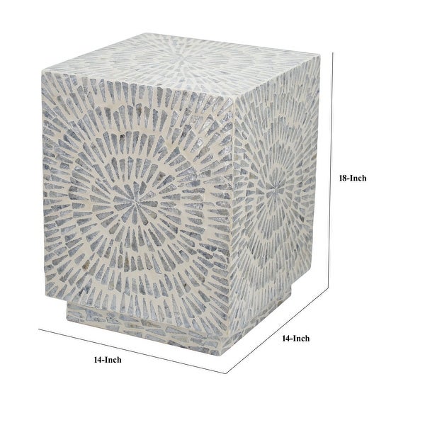 18 Inch Modern Capiz Accent Table Stool， Square， Gray Starburst Pattern