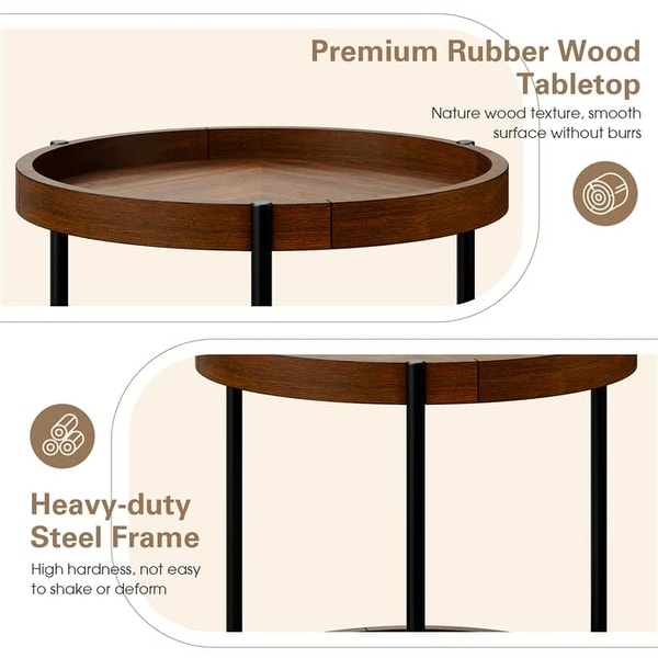 Round Side Table， 2-Tier Retro End Table with Bottom Shelf， Nightstand with Detachable Tray Top for Living Room， Bedroom