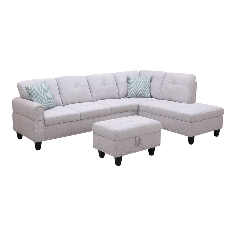 Alexent Right Hand Facing Linen Fabric Sectional Sofa with Ottoman in Ash