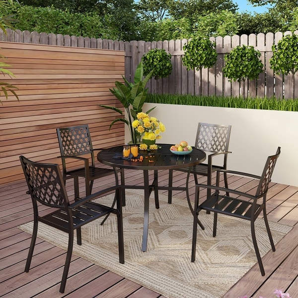 MAISON ARTS 5Piece Geometrically Stamped Round Table and Stackable Dining Chairs Outdoor Dining Set