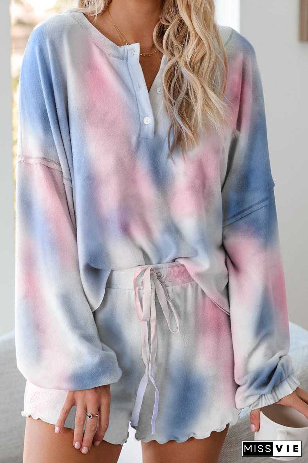 Aesthetic Pastel Tie Dye Knit Pullover Top And Scalloped Ruffle Knit Shorts Sets