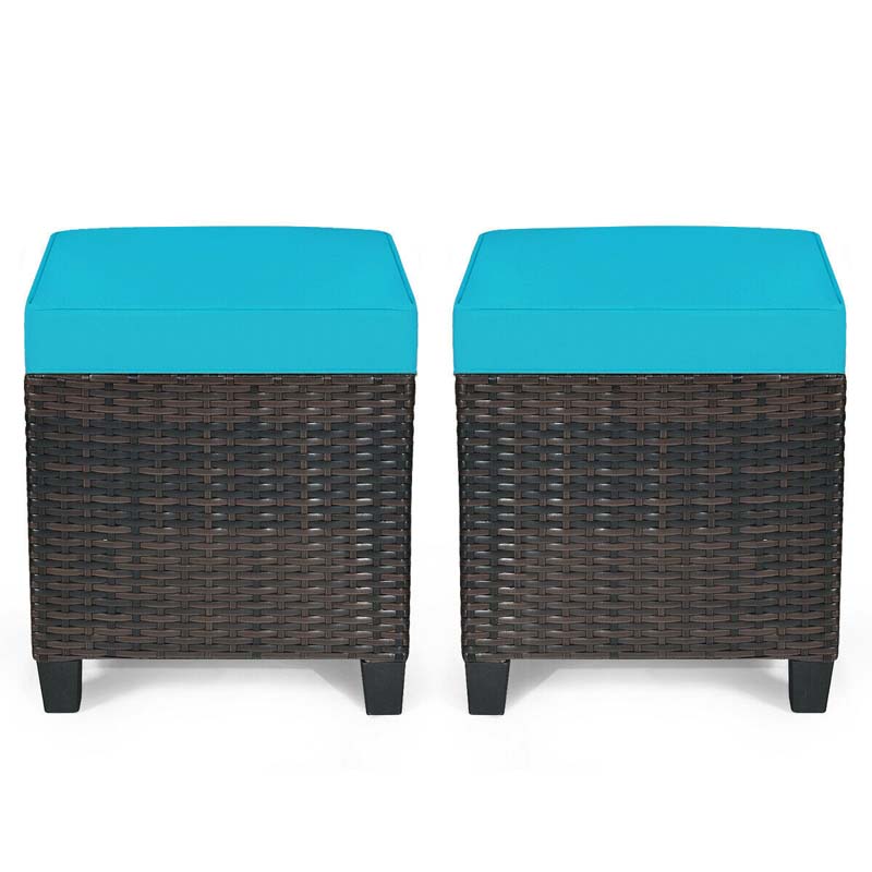 2 Pcs Rattan Patio Ottoman Set with Removable Cushions, All Weather Wicker Outdoor Footstool Footrest Seat