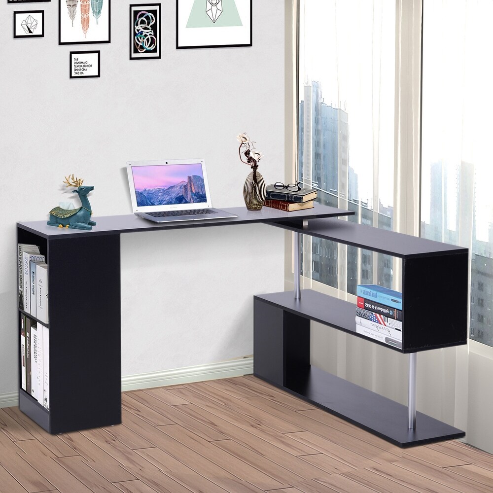 HomCom 55 in. 360 degree Rotating Corner Computer Desk w/ 3 tier Storage Shelves/Bookshelf