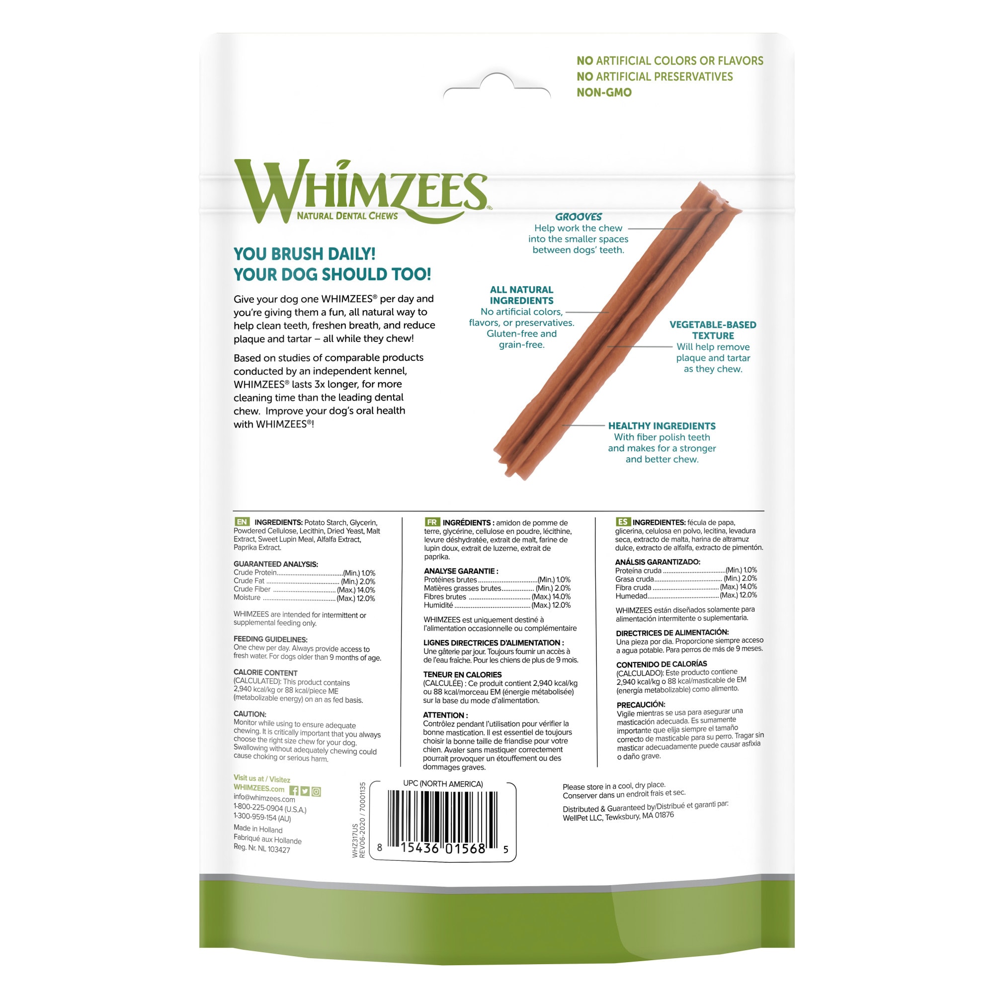 Whimzees Natural Grain Free Daily Dental Long Lasting Stix Medium Dog Treats， 14.8 oz.， Pack of 14