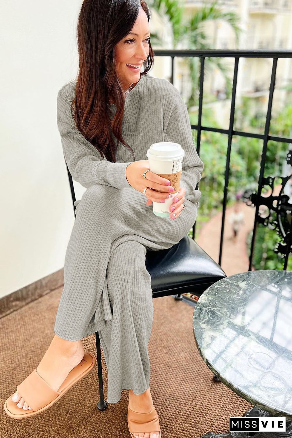 Gray Ribbed Drop Shoulder Pullover and Pants Lounge Set