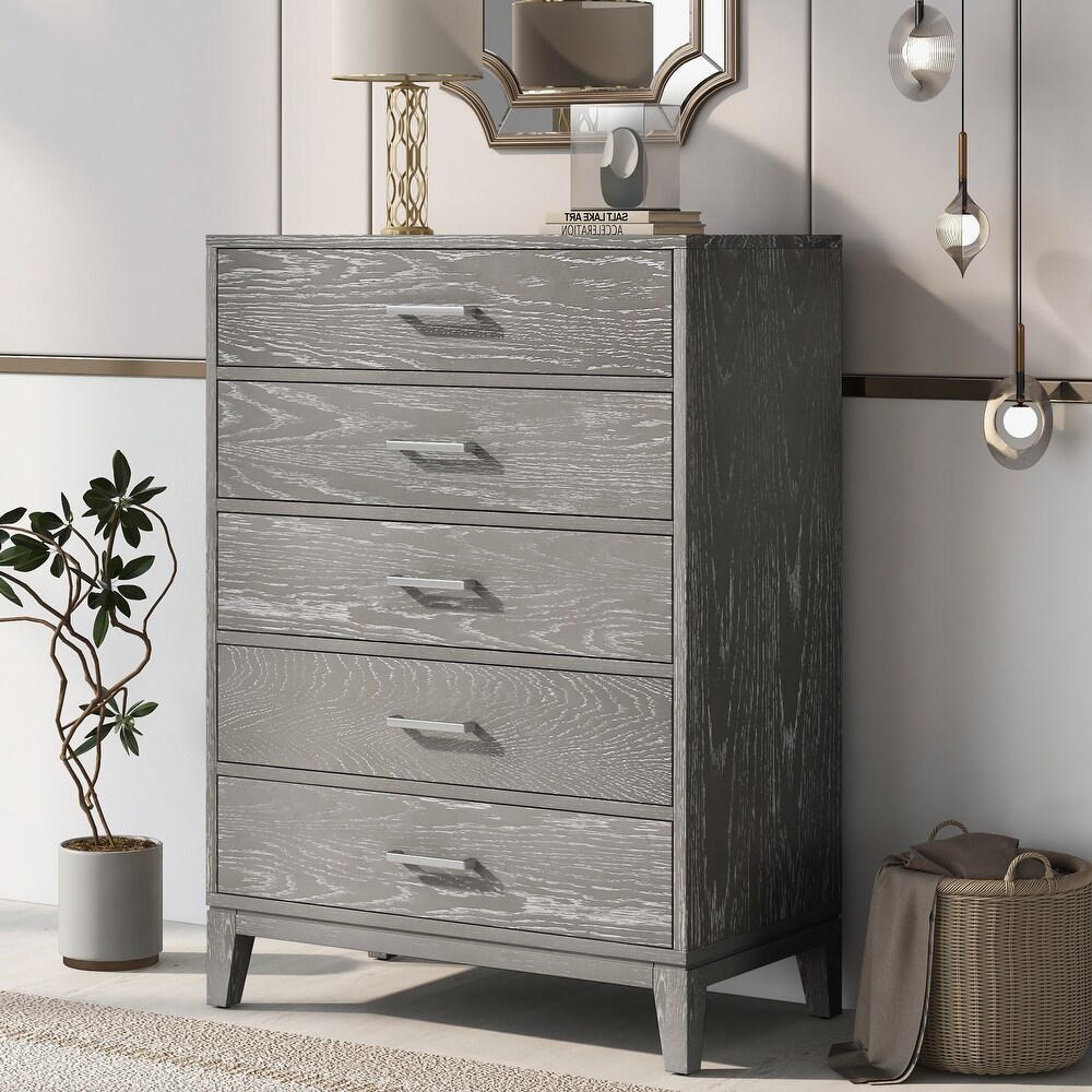 Concise Style Solid Wood Grain 5 Drawer Dresser with Tapered Legs and Smooth Gliding Drawers  Modern Storage Cabinet for Bedroom