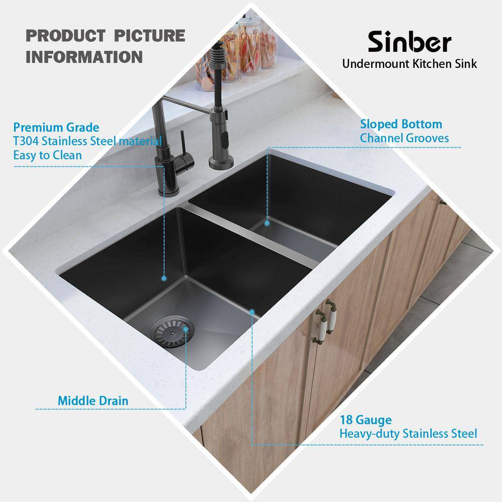 Sinber 32 in. Undermount Double Bowl 18-Gauge Black 304 Stainless Steel Workstation Kitchen Sink HU3219D-BR