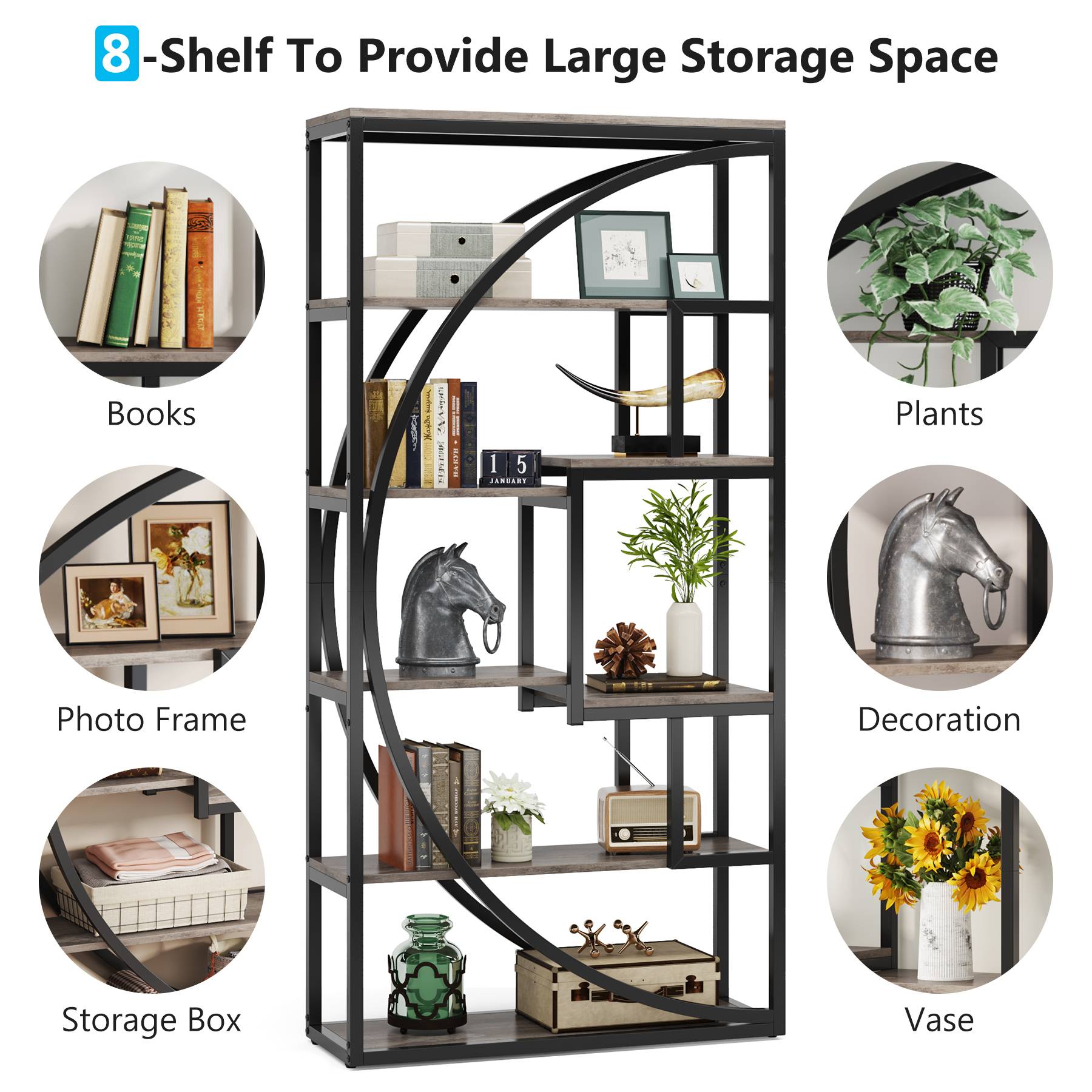 Industrial Bookshelf Bookcase with 8 Open Storage Shelf