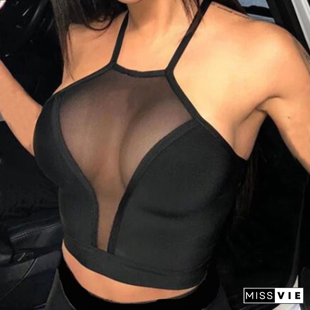 Women Mesh Summer Women Casual Tank Top Vest Blouse Sleeveless Sport Crop Tops Shirt See-Through Transparent Crop Top