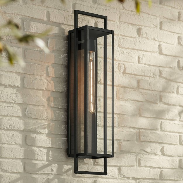 High Modern Outdoor Wall Light Fixture Mount Porch House Edison Bulb Textured Black Finish Metal Clear Glass Shade