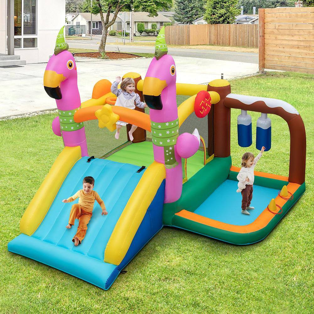 Costway Flamingo-Themed Bounce Castle 7-in-1 Kid Inflatable Jumping House Bounce House Without Blower NP10857