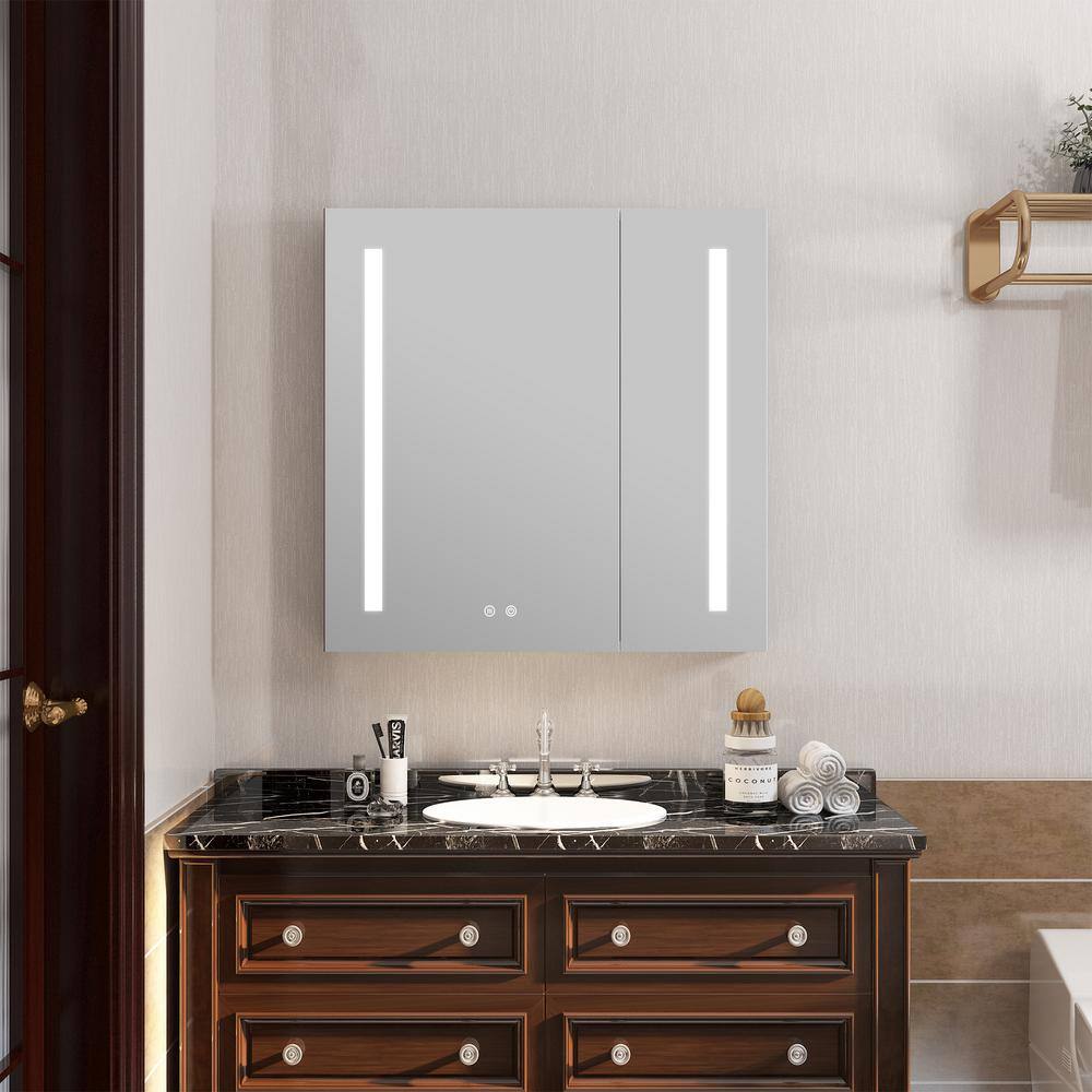 WELLFOR 30 in. W x 30 in. H Medium Aluminum Recessed or Surface Mount Medicine Cabinet with Mirror and Lighted W4MCL3030