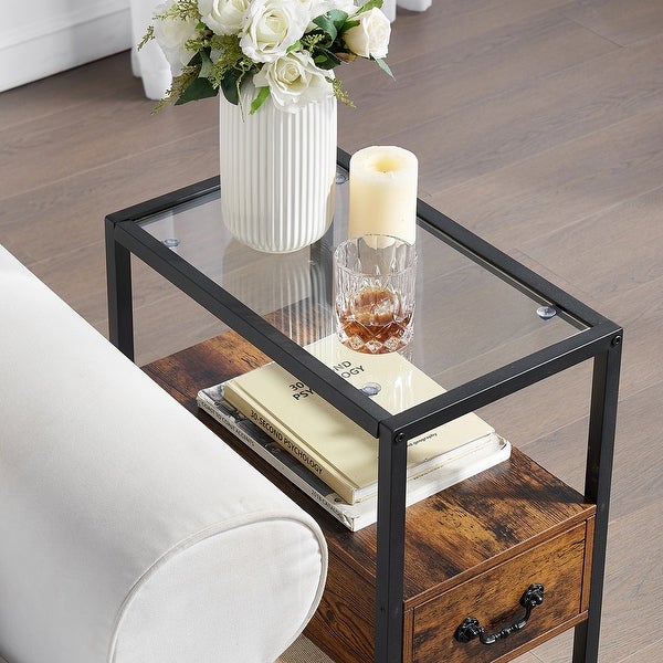 Modern Narrow Tempered Glass End Side Table/Tall Nightstand with Drawer and Shelf