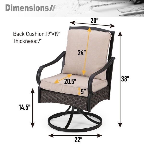 5Piece Patio Dining Set of 4 Swivel Steel Rattan Chairswith Deepseating and Back Cushions Chairs and 1 Metal Framed Table