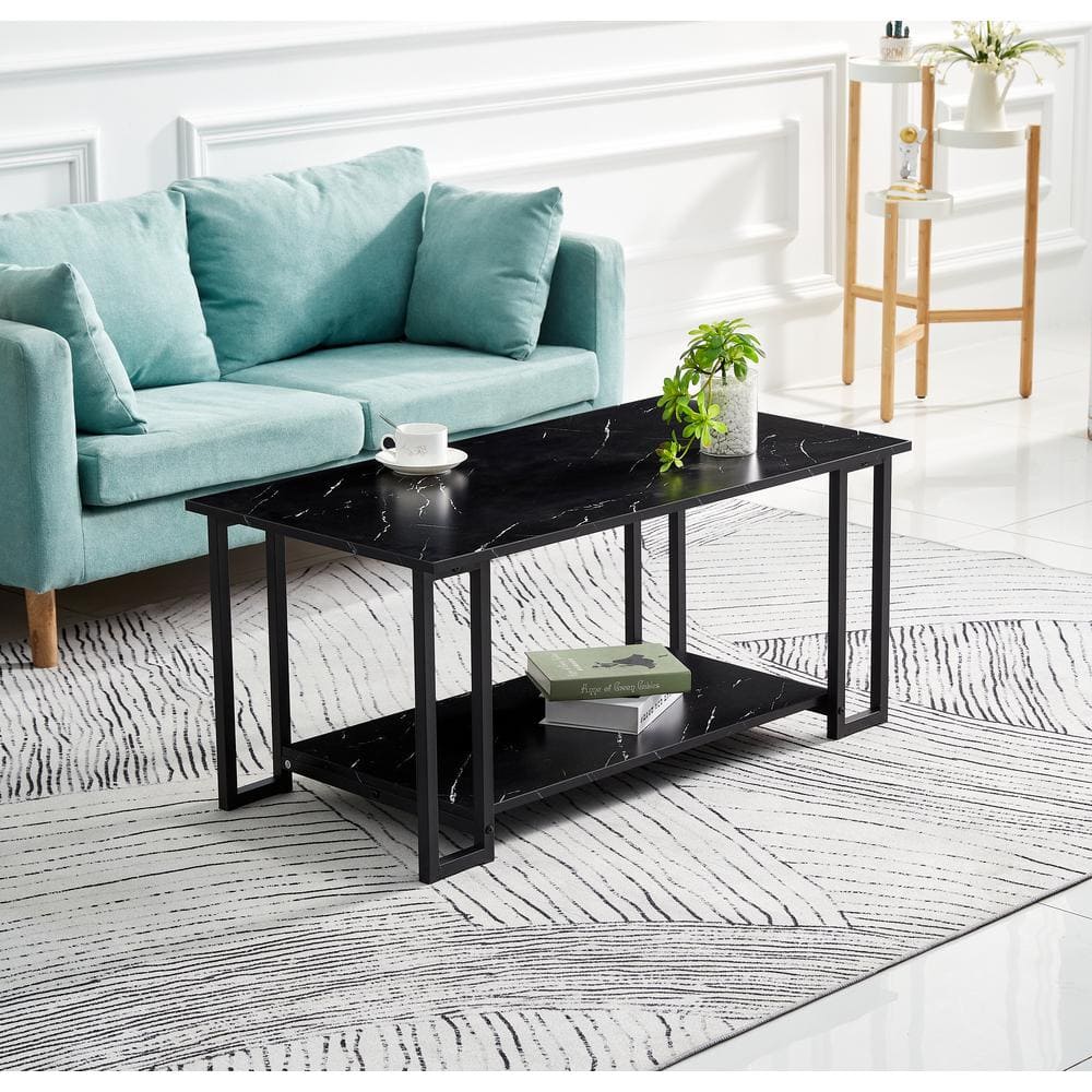 Westsky 39.37 inch. Modern Marble MDF Black Tabletop Rectangular Double-Decker Coffee Table in Black Metal Frame of Living Room W37032107-BK