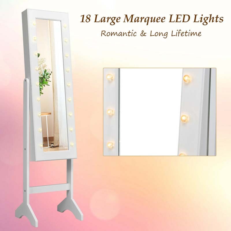 18 LEDs Large Standing Jewelry Armoire Cabinet Makeup Mirror with Full-Length Mirror 16 Lipstick Holder