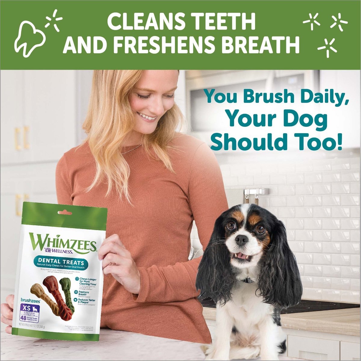 WHIMZEES Brushzees Daily Grain-Free X-Small Dental Dog Treats， 28 count