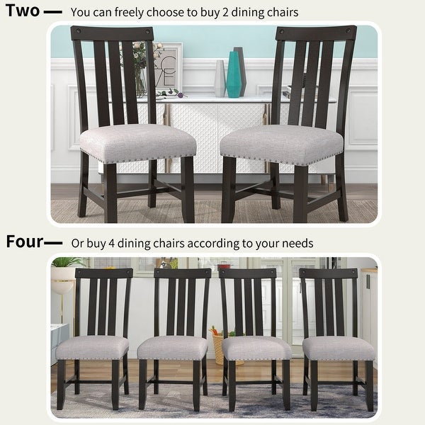 2 sets of fabric upholstered dining chairs with silver nails and solid wood legs， seat height -19.5