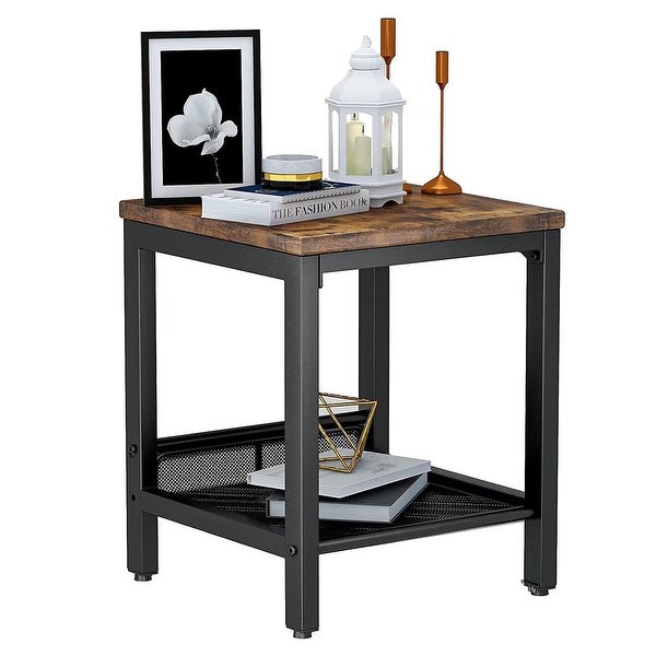 Industrial Side Table， 2-Tier Nightstand with Mesh Storage Shelf， Sofa Couch End Table for Living Room， Bedroom