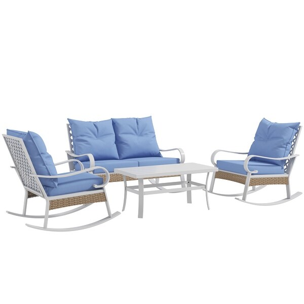 Outsunny 4 Piece Patio Furniture Set with Loveseat Sofa，Rocking Chairs，Coffee Table