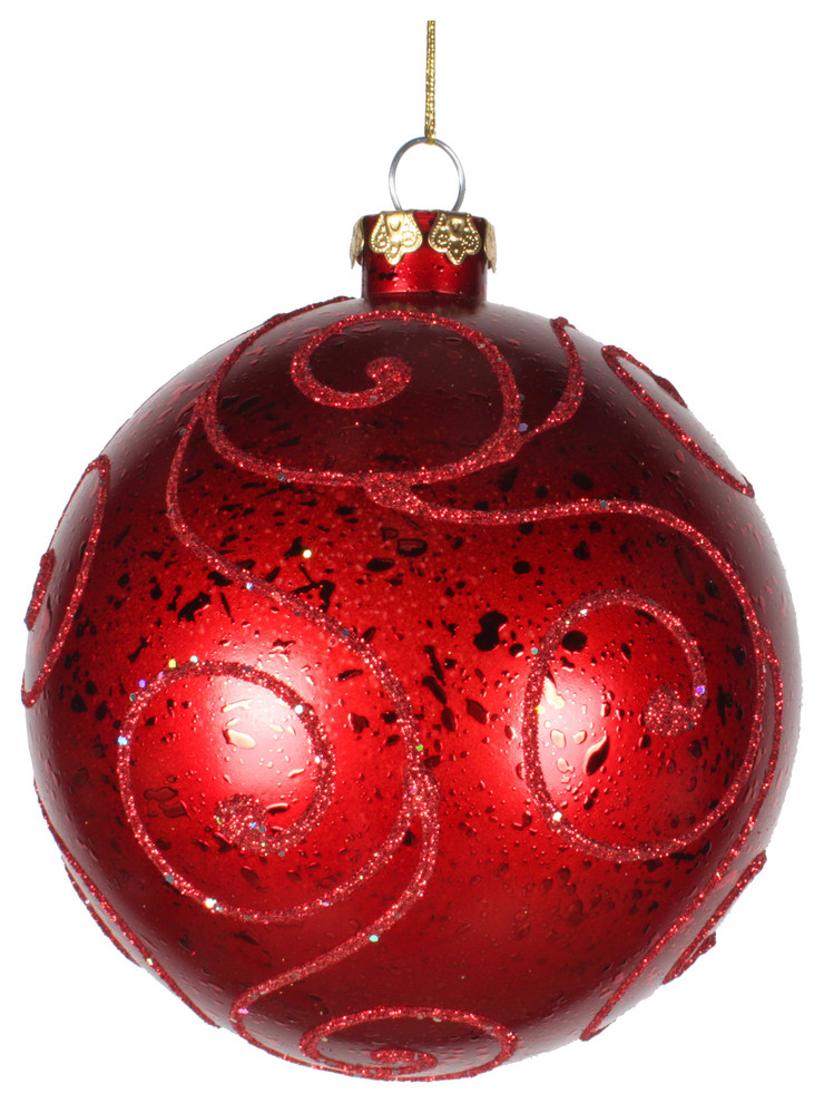 120Mm Red Ornament Ball With Red Glitter Design   Contemporary   Christmas Ornaments   by Queens of Christmas  Houzz