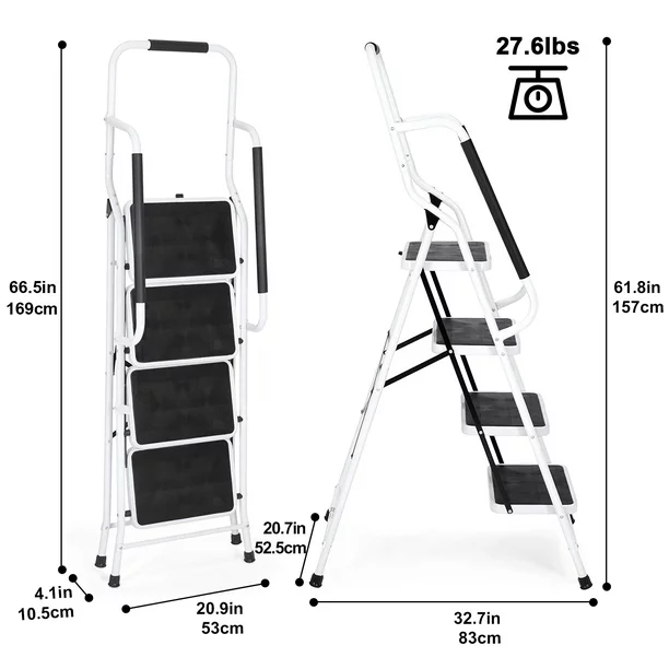 NSdirect Folding 4 Step Home Improvement Ladder， Portable Step Stool with Safety Handrails Non-Slip Wide Pedal