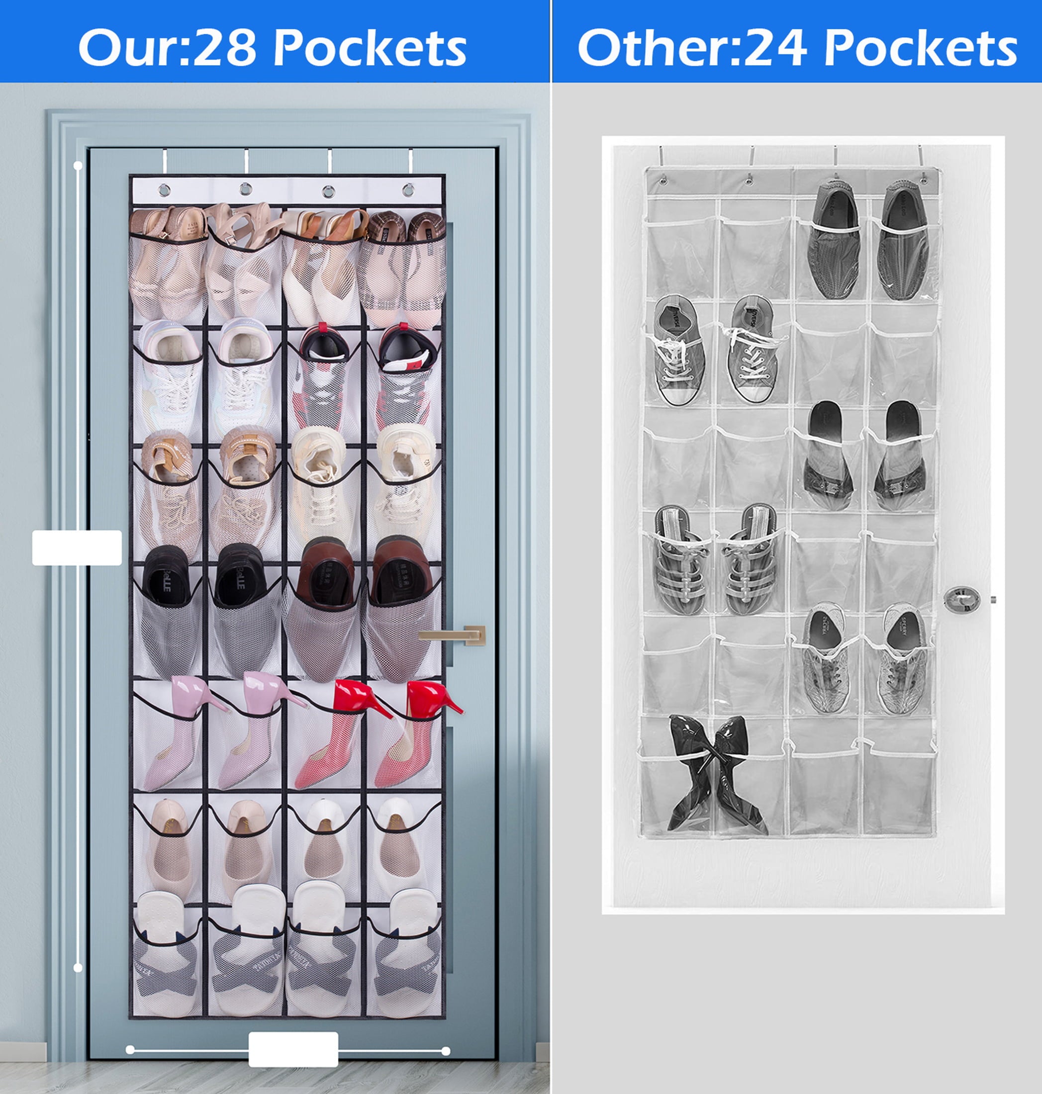 MISSLO Big Pockets Over the Door Shoe Rack Closet Hanging Shoe Organizer with 4 Hooks 28 Pairs Mesh Shoe Holder Hanger， White