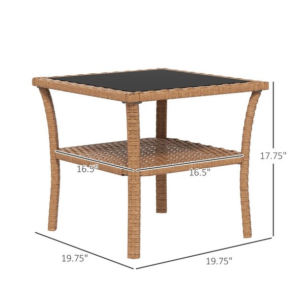 Rattan Side Table，Outdoor End Table with Storage Shelf，Aluminum Frame Square，Coffee Table with Tempered Glass Top